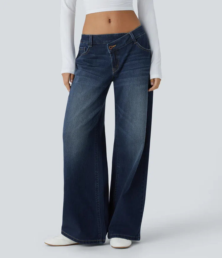 Halara Flex Asymmetric Low Rise Zipper Pockets Baggy Wide Leg Washed Casual Jeans