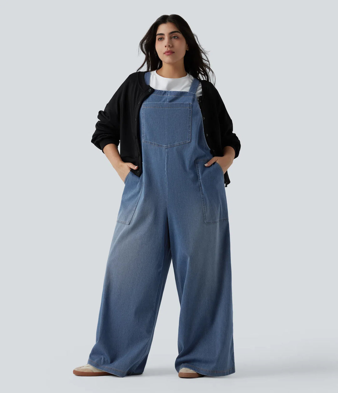 Plus Size Halara Flex Square Neck Washed Denim Casual Overalls with Pockets