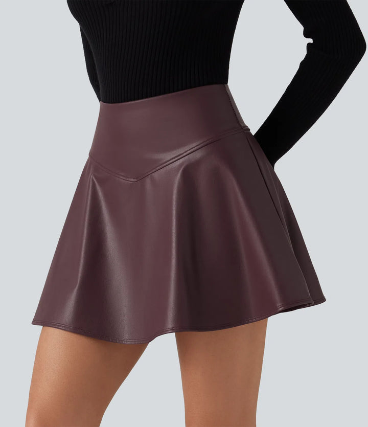 High Waisted Tummy Control Fleece Casual PU Leather Mini Skirt with Built-in Shorts and Pockets