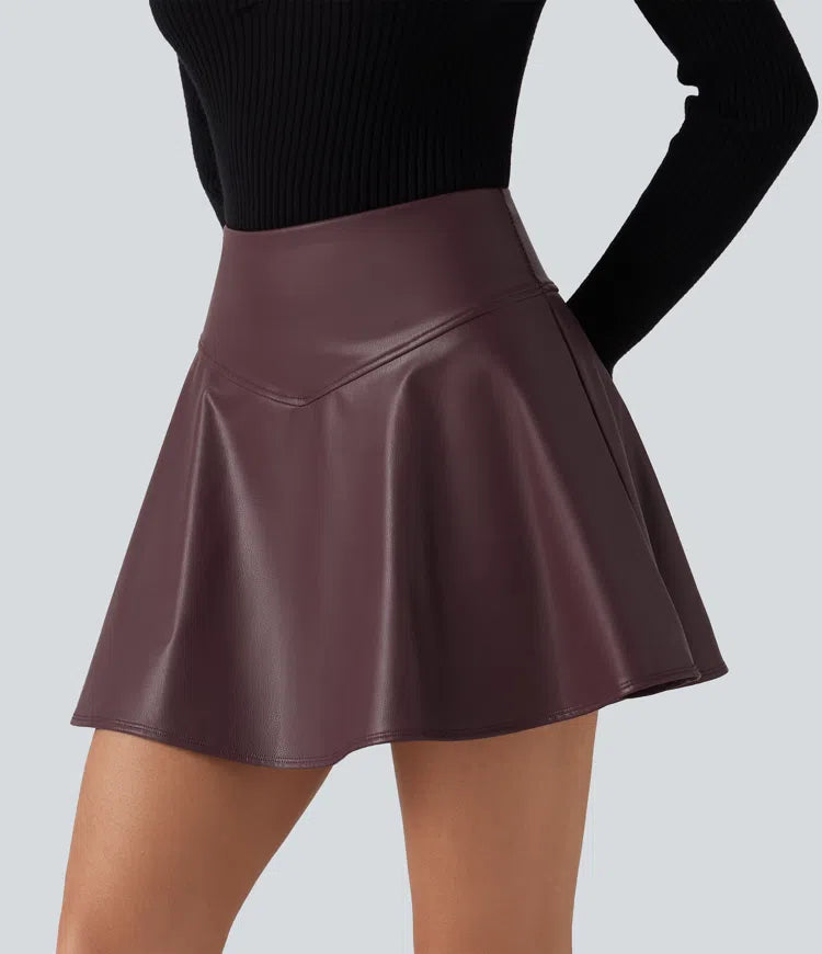 High Waisted Tummy Control Fleece Casual PU Leather Mini Skirt with Built-in Shorts and Pockets