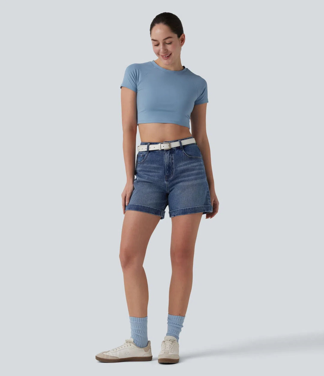 Halara Flex Mid Rise Rolled Hem Denim Casual Shorts 5&