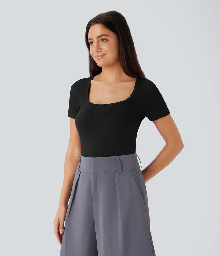 U Neck Short Sleeve Snap Skinny Work Bodysuit