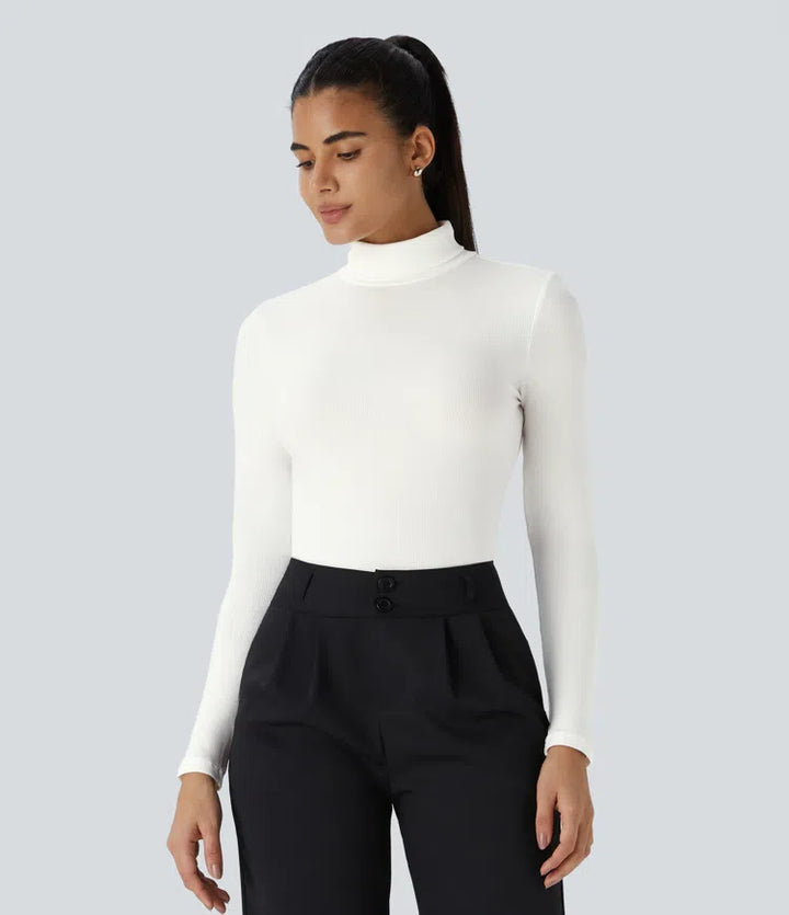Ribbed Knit High Collar Long Sleeve Casual Top