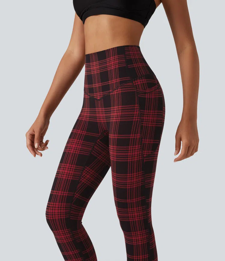 Halara UltraSculpt Plaid Print High Waisted Tummy Control Running Leggings with Pockets