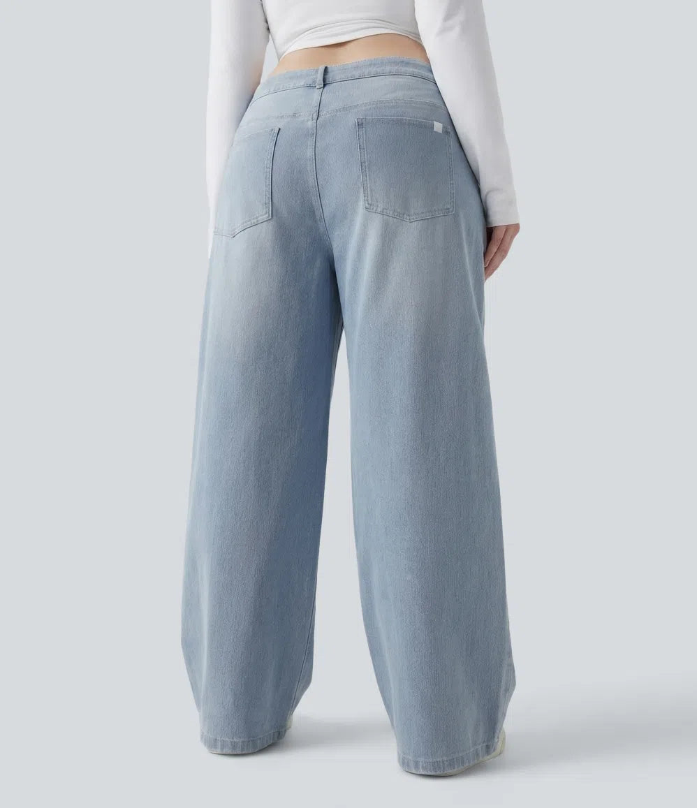 Plus Size Halara Flex Asymmetric Low Rise Wide Leg Washed Casual Jeans with Pockets