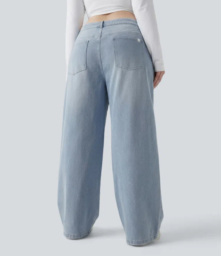 Plus Size Halara Flex Asymmetric Low Rise Wide Leg Washed Casual Jeans with Pockets
