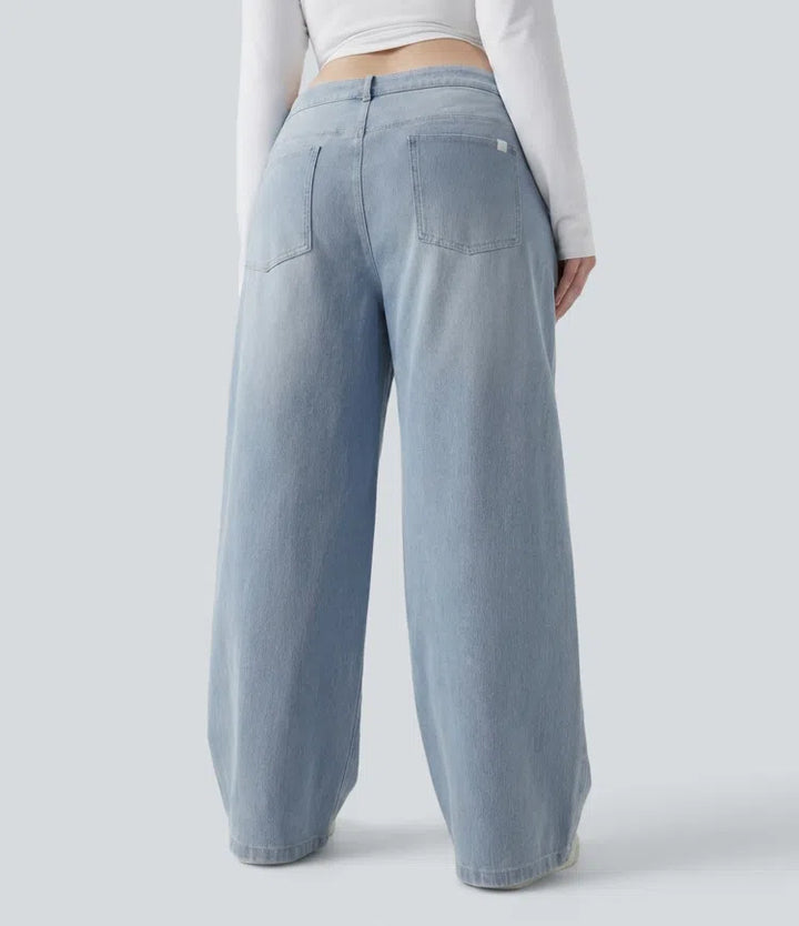 Plus Size Halara Flex Asymmetric Low Rise Wide Leg Washed Casual Jeans with Pockets