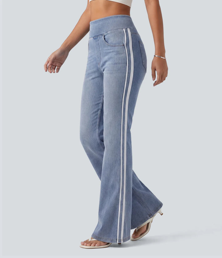 Halara Flex High Waisted Stripe Flare Washed Casual Jeans with Pockets