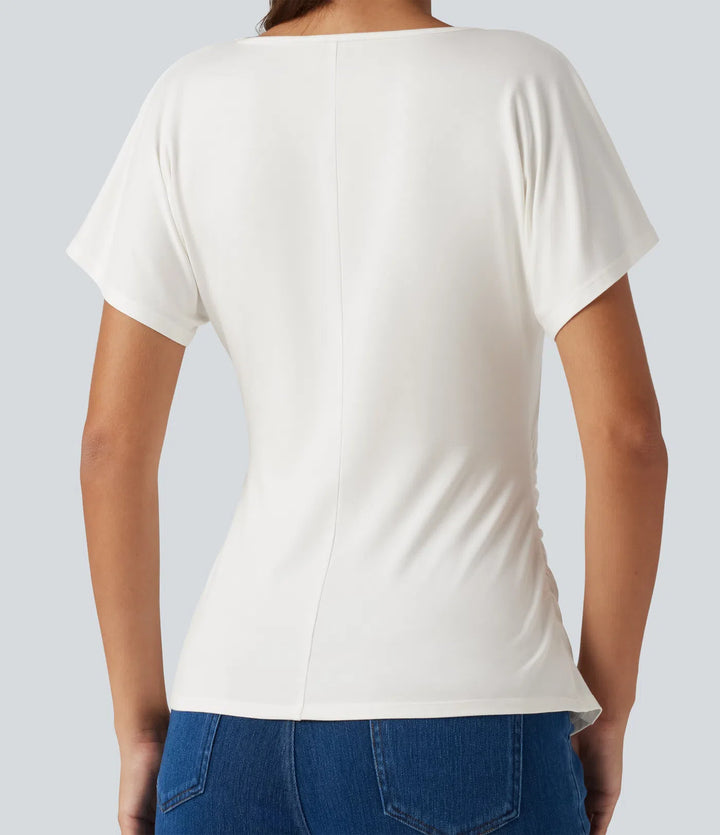 V-Neck Short Sleeve Ruched Slim Casual T-Shirt