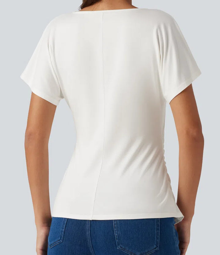 V-Neck Short Sleeve Ruched Slim Casual T-Shirt
