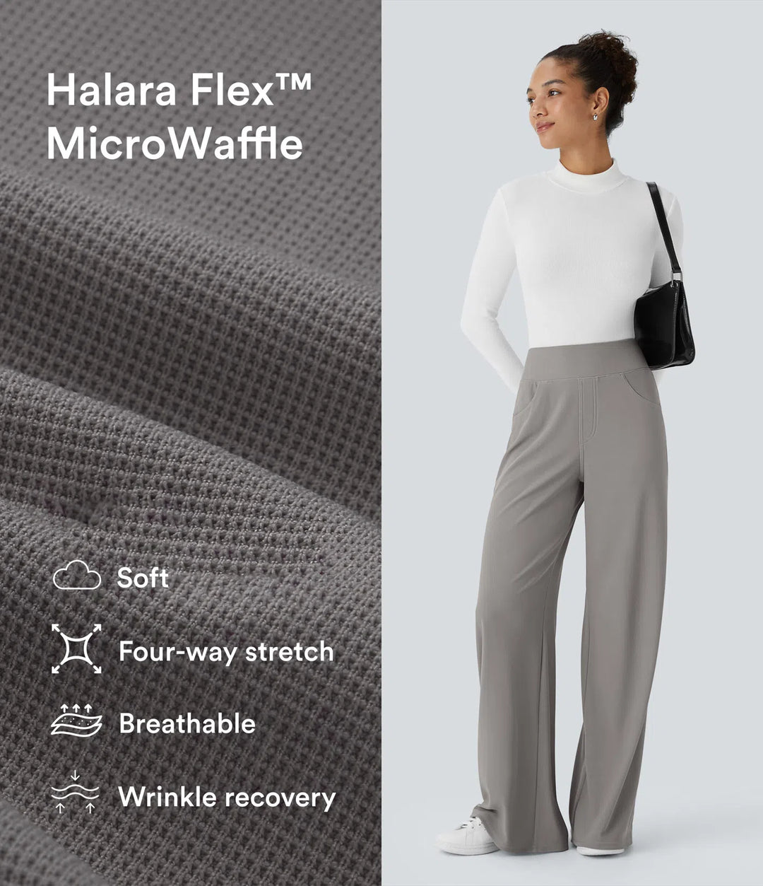 Halara Flex High Waisted Tummy Control Pockets Wide Leg Baggy Micro Waffle Work Pants