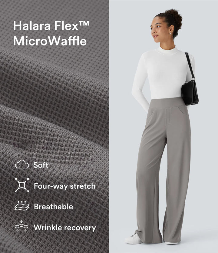 Halara Flex High Waisted Tummy Control Pockets Wide Leg Baggy Micro Waffle Work Pants