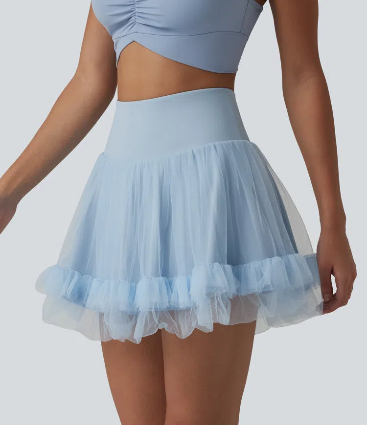 High Waisted Tummy Control Contrast Mesh 2-in-1 Mini Workout Skirt with Pockets