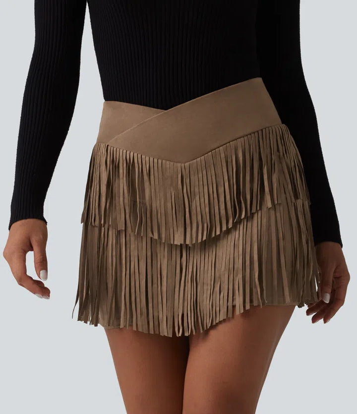Crossover High Waisted 2-in-1 Fringe Hem Bodycon Mini Suede Party Skirt