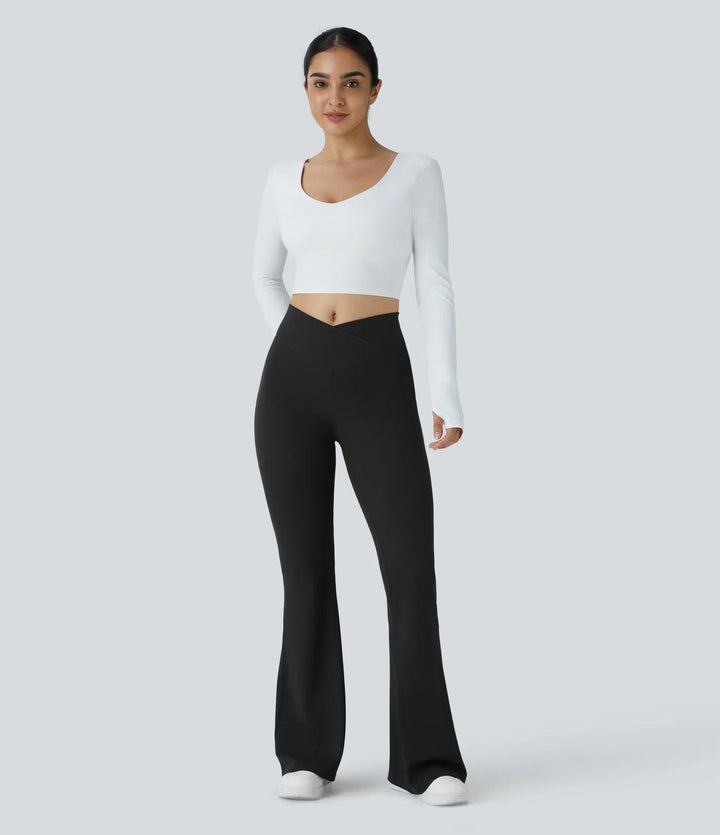 Crossover High Waisted Pocket Waffle Casual Flare Pants