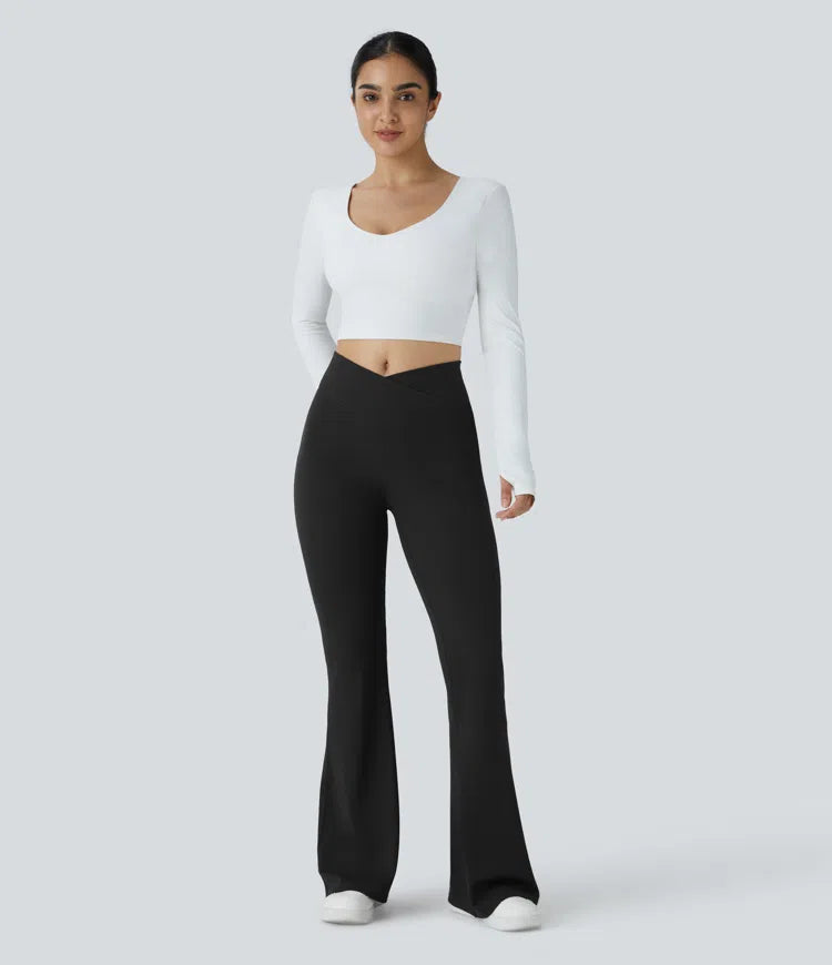 Crossover High Waisted Pocket Waffle Casual Flare Pants