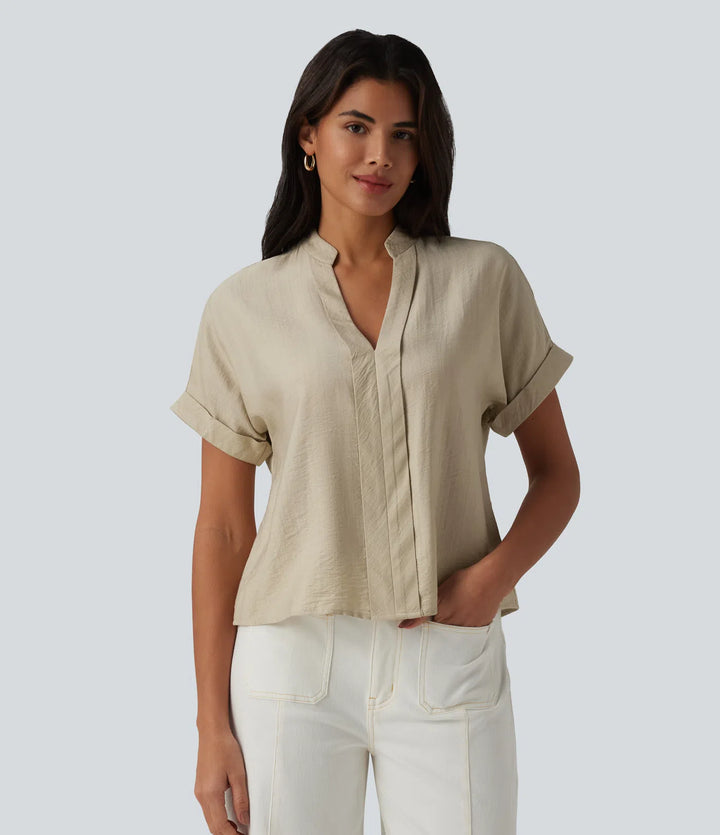 V Neck Short Sleeve Linen-Feel Work Shirt