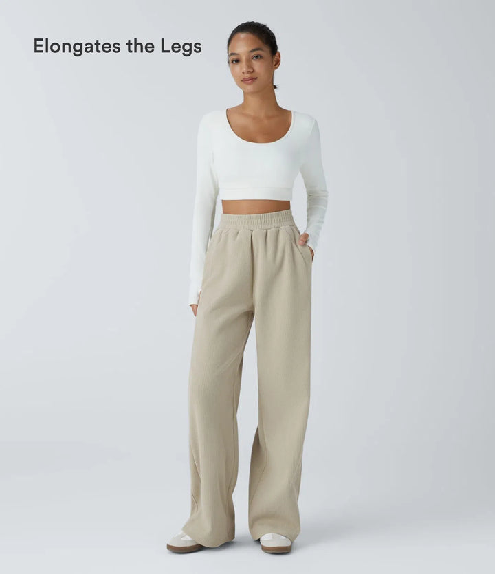 High Waisted Pocket Straight Leg Baggy Mop Corduroy Casual Pants