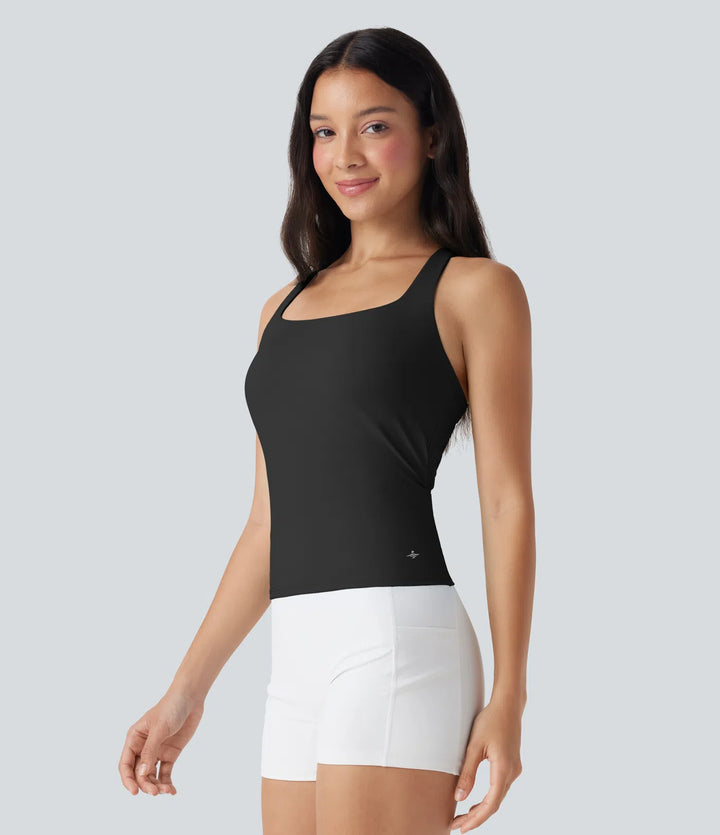 SoftlyZero Airy Square Neck Cropped InstantCool Running Tank Top-Longer Length
