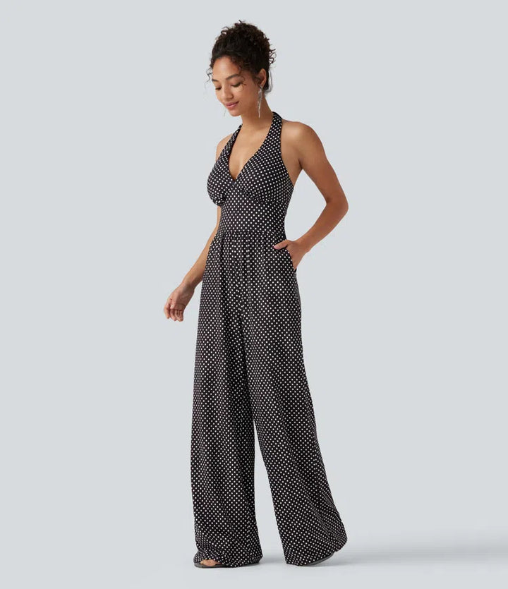 Halter Sleeveless Backless Built-in Bra Polka Dot Print Resort Jumpsuit with Pockets-Easy Peezy