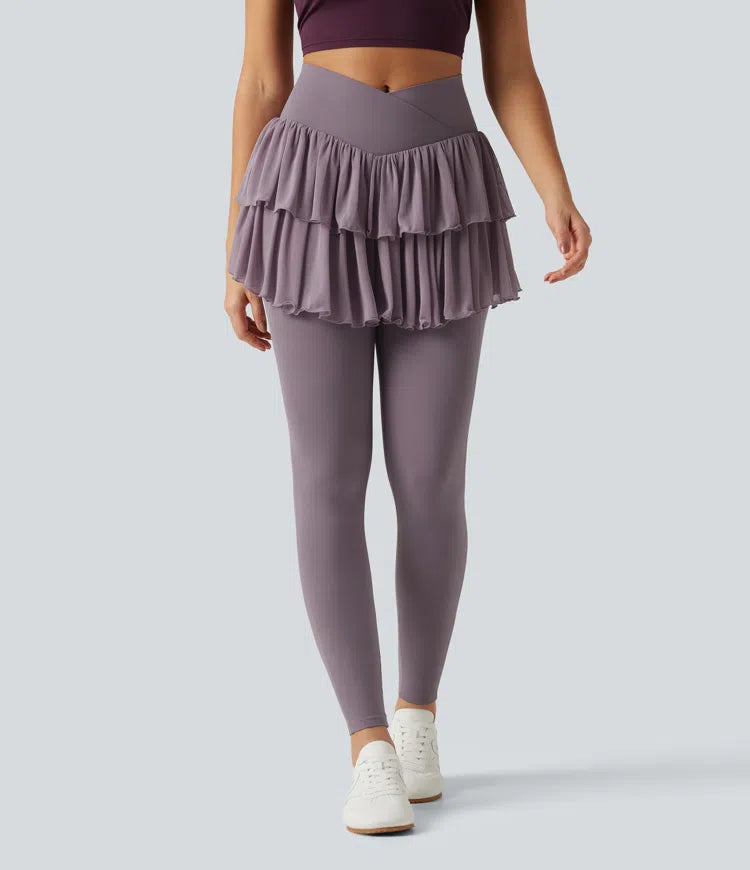 Softlyzero High Waisted Crossover Contrast Mesh Workout Skirted Leggings with Pockets