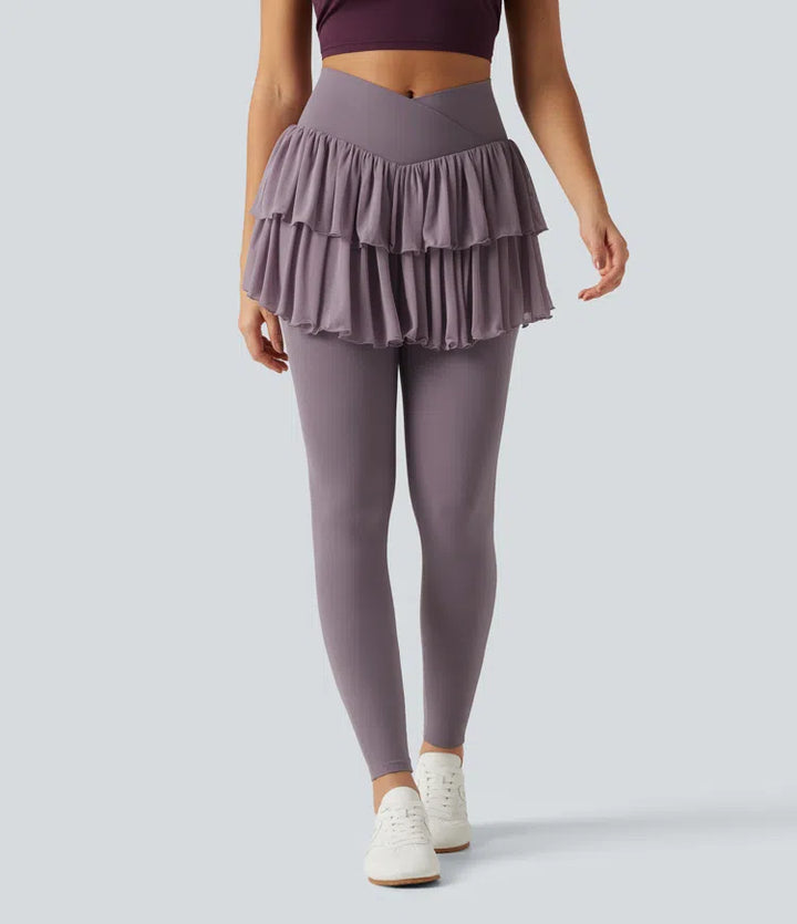 Softlyzero High Waisted Crossover Contrast Mesh Workout Skirted Leggings with Pockets