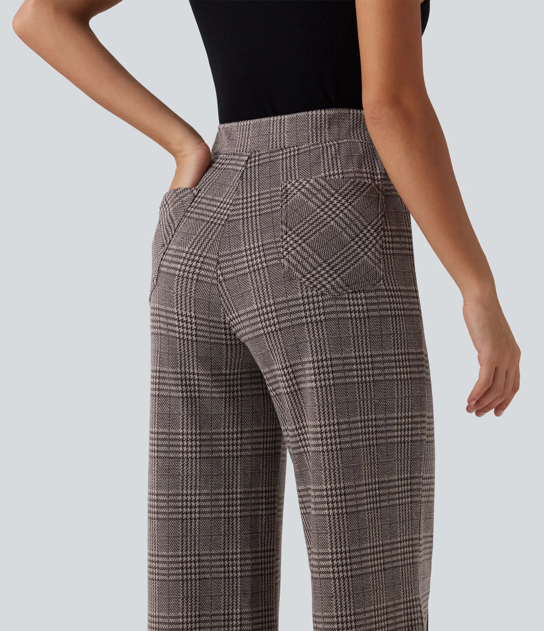 High Waisted Wide Leg Plaid Casual Pants with Pockets