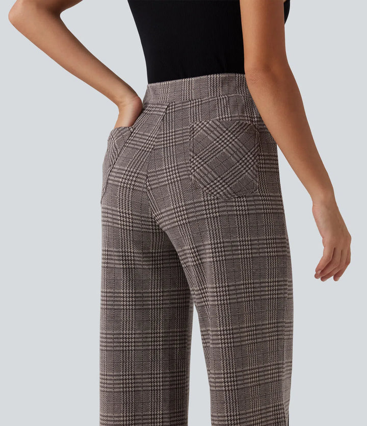 High Waisted Wide Leg Plaid Casual Pants with Pockets
