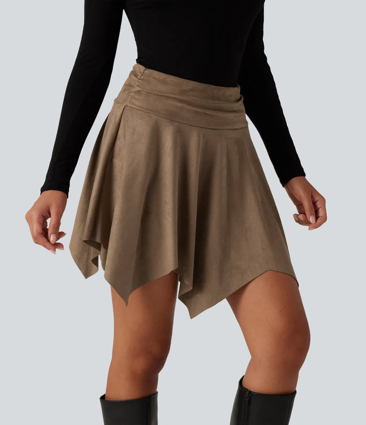 High Waisted Ruched Asymmetric A Line 2-in-1 Suede Mini Casual Skirt