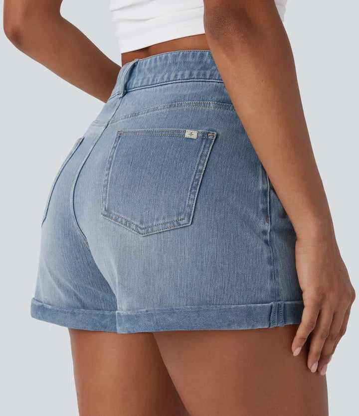 Halara Flex Mid Rise Zipper Pockets Denim Casual Shorts 3&
