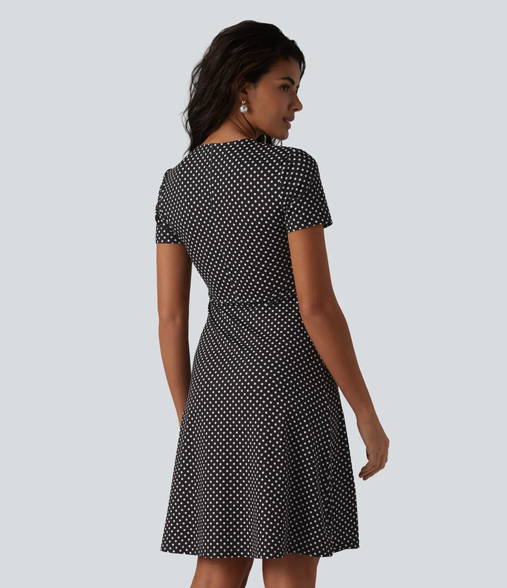 V Neck Short Sleeve Polka Dot Knee Length Casual Dress