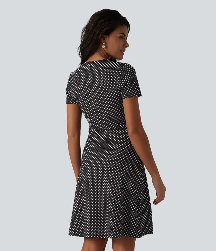 V Neck Short Sleeve Polka Dot Knee Length Casual Dress