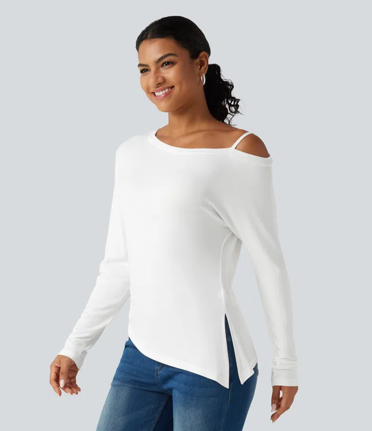 Ribbed One Shoulder Long Sleeve Asymmetric Hem Casual T-Shirt