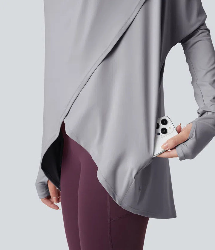 Hooded Cowl Neck Long Sleeve Thumb Hole Yoga Sports Top with Pockets