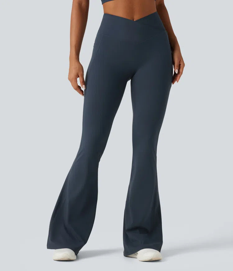 Halara UltraSculpt High Waisted Crossover Tummy Control Flare Workout Leggings with Pockets