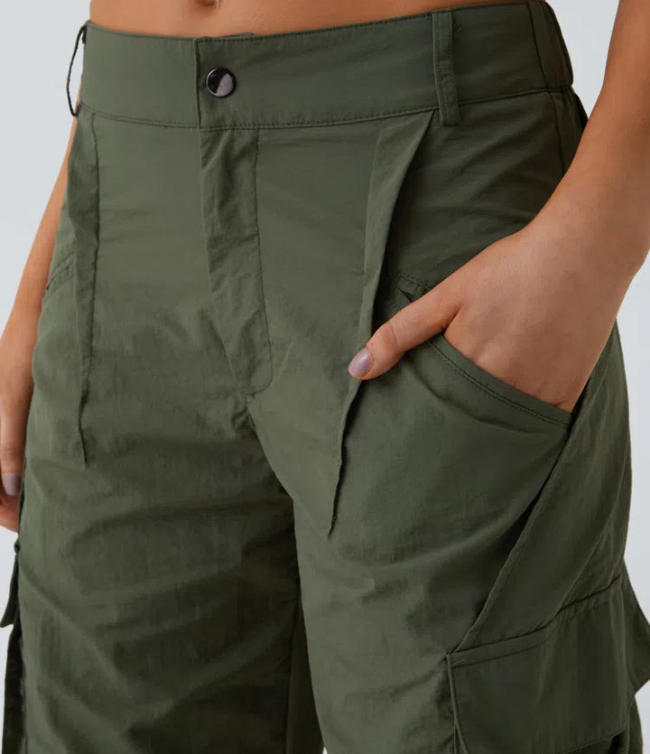 Mid Rise Button Zipper Side Pocket Wide Leg Baggy Casual Cargo Pants