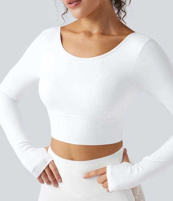SoftlyZero Push-Up Long Sleeve Thumb Hole Contrast Lace Cropped Yoga Sports Top