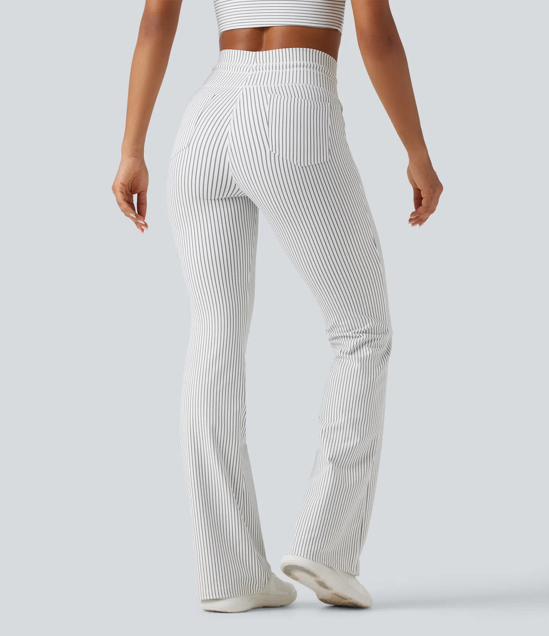 High Waisted Drawstring Stripe Flare Yoga Pants with Pockets