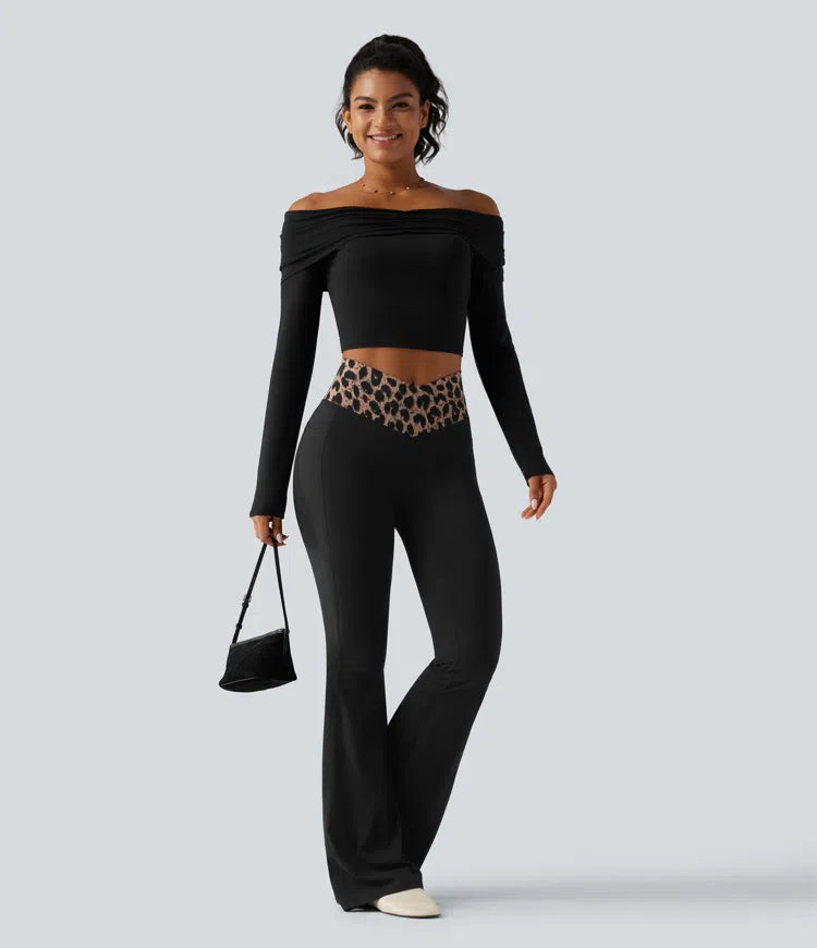 Halara UltraSculpt Leopard Print High Waisted Crossover InstantCool Casual Flare Pants with Pockets