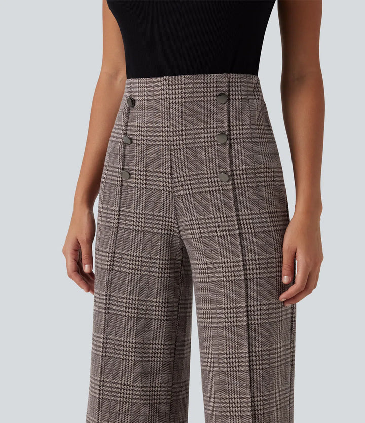 High Waisted Wide Leg Plaid Casual Pants with Pockets