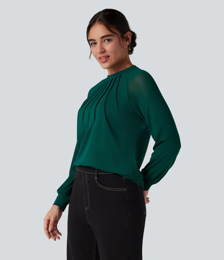Round Neck Raglan Long Sleeve Contrast Mesh Casual Blouse