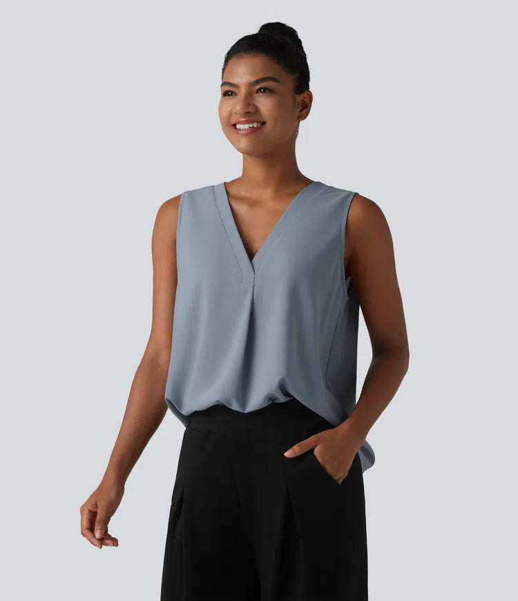 Wrinkle Recovery V Neck Sleeveless Oversized Work Blouse