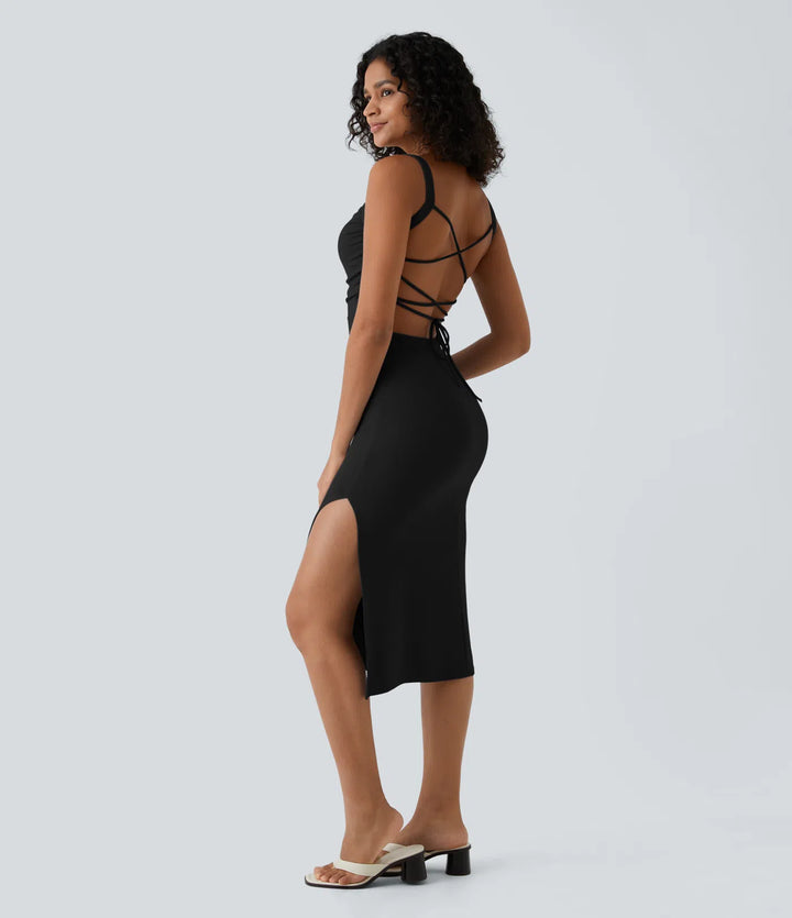 Ruched Lace Up Bodycon Midi Casual Dress