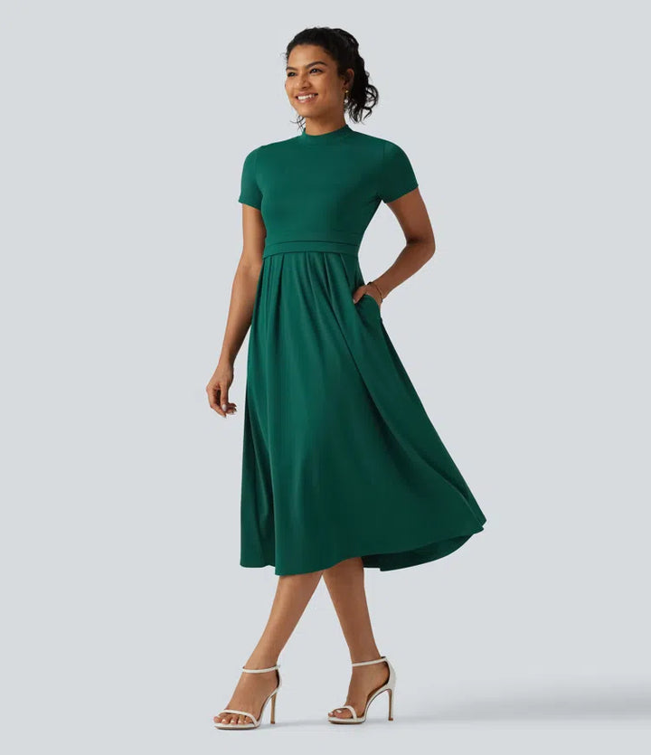 Stand Collar Short Sleeve Flare Midi Casual Dress with Pockets
