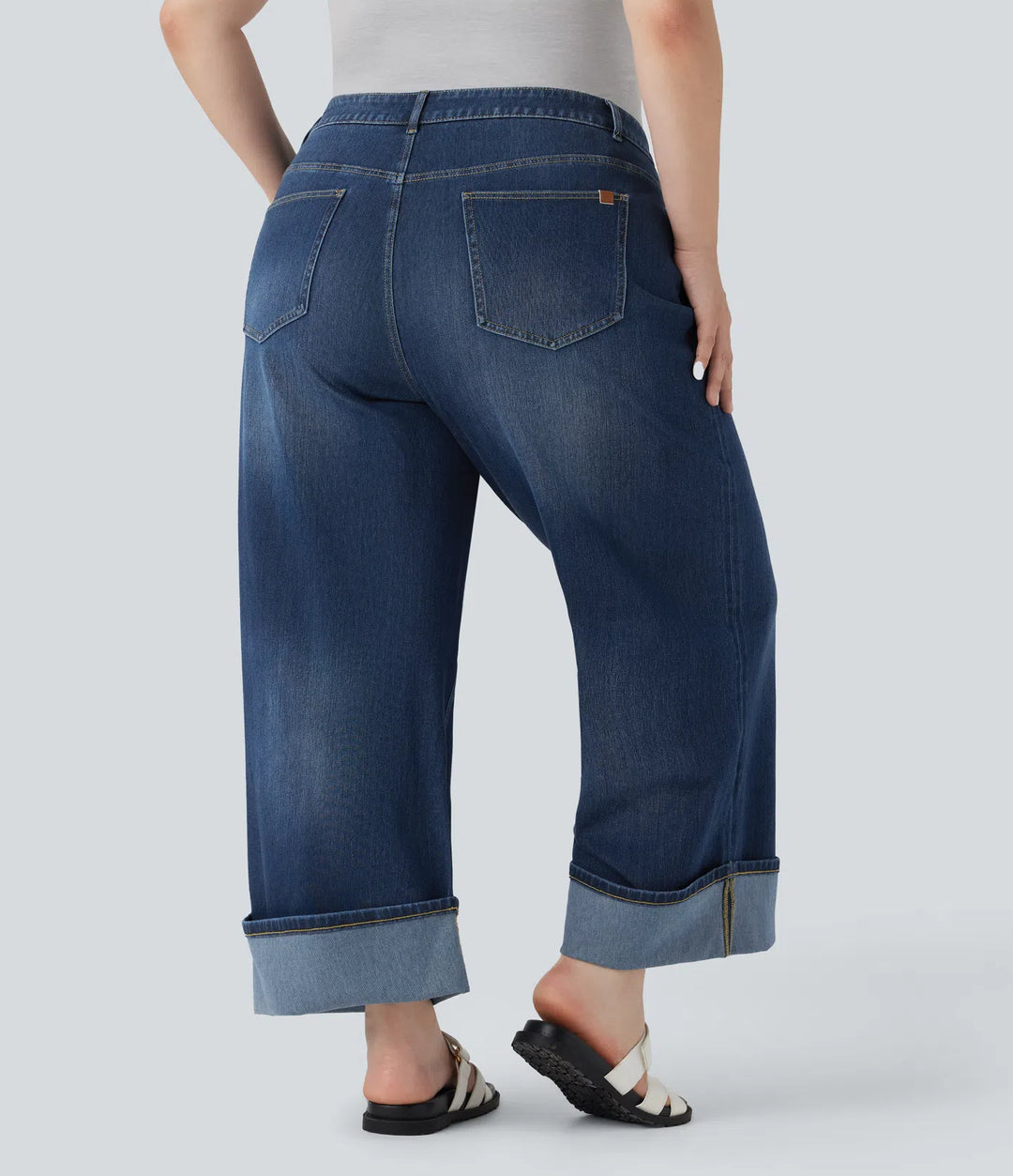 Plus Size Halara Flex High Waisted Wide Leg Rolled Hem Washed Stretchy Knit Casual Jeans with Pockets
