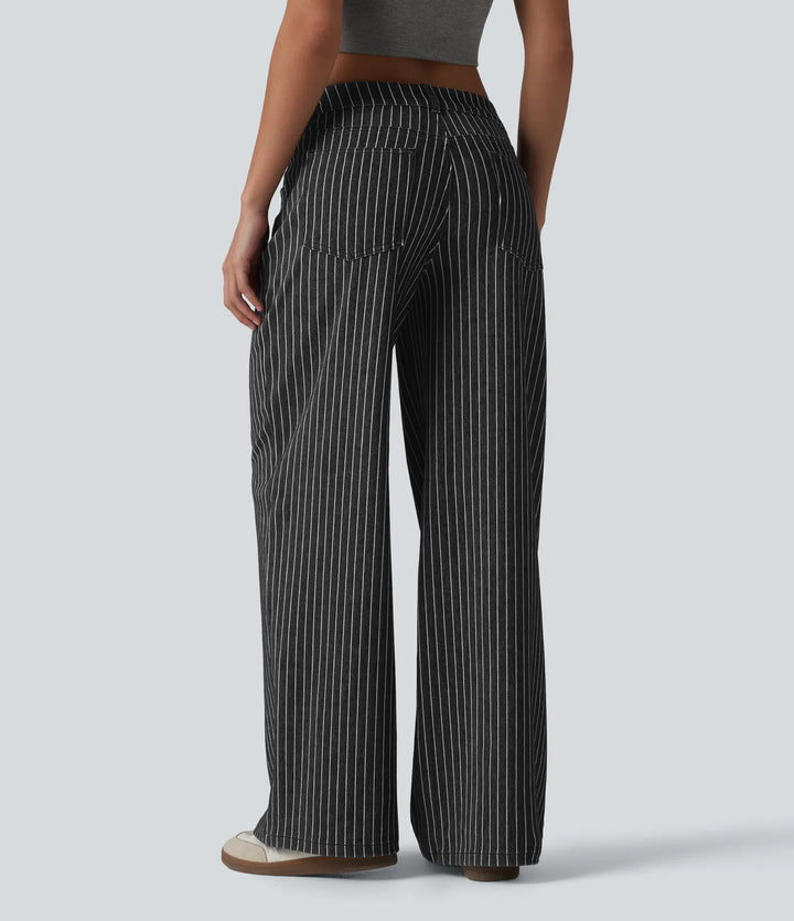 Halara Flex Asymmetric Low Rise Wide Leg Stripe Work Jeans with Pockets