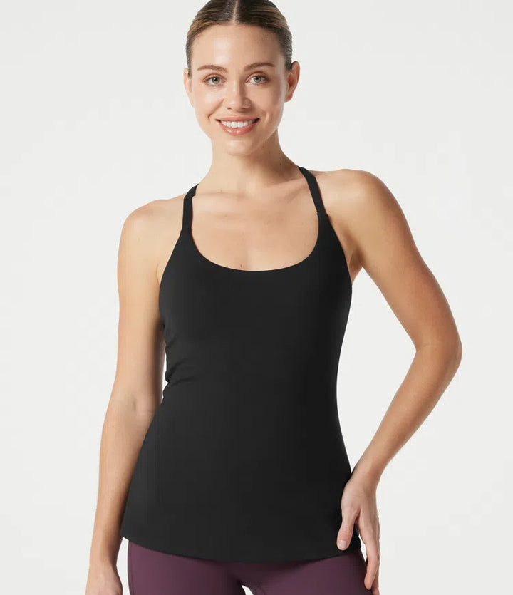 Scoop Neck Built-in Bra Crossover Hem Yoga Cami Top-Longer Length