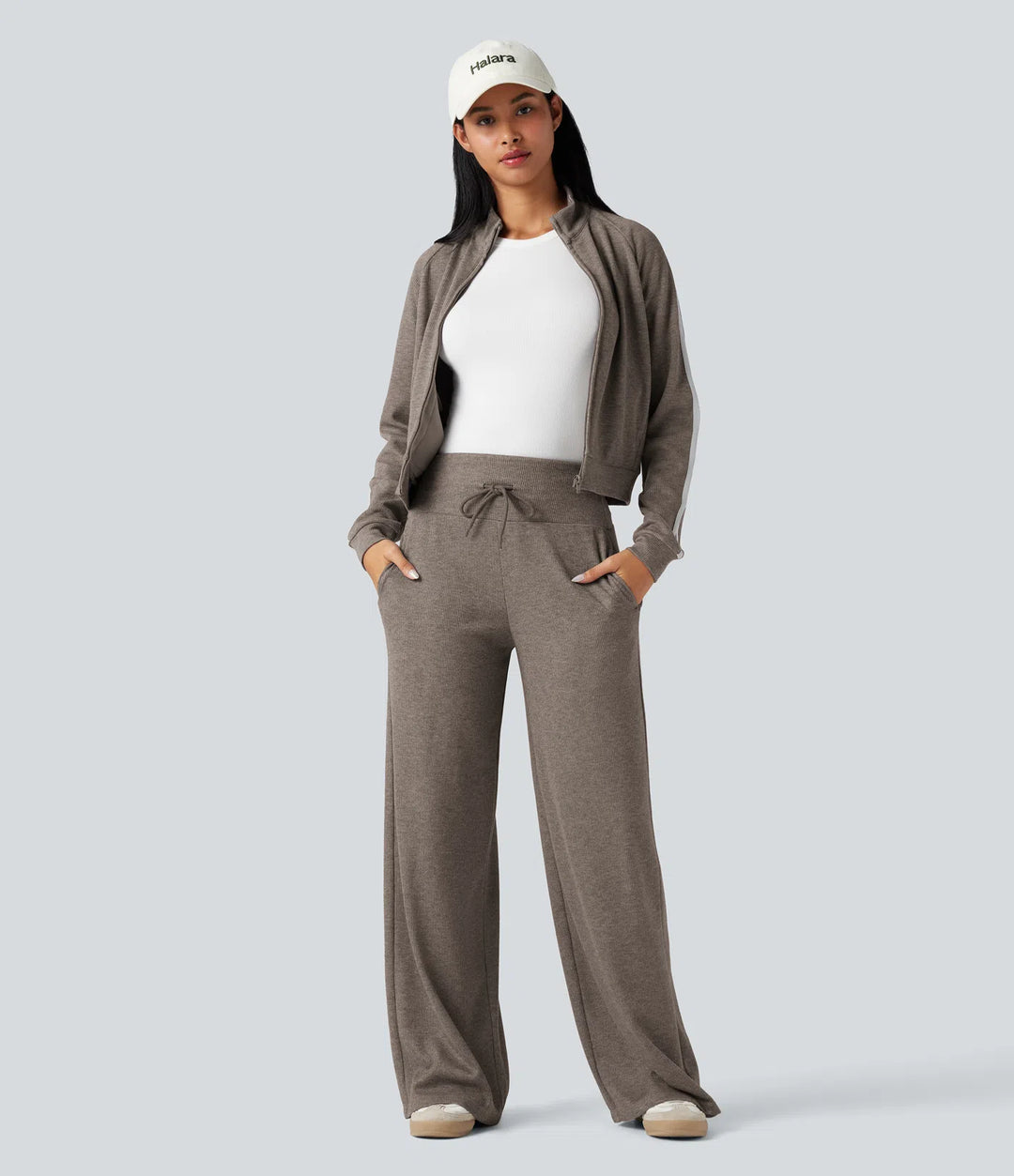 Ribbed Knit High Waisted Tummy Control Drawstring Casual Wide Leg Baggy Pants with Pockets