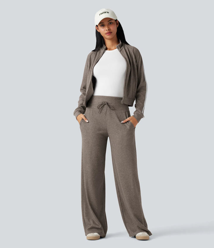 Ribbed Knit High Waisted Tummy Control Drawstring Casual Wide Leg Baggy Pants with Pockets