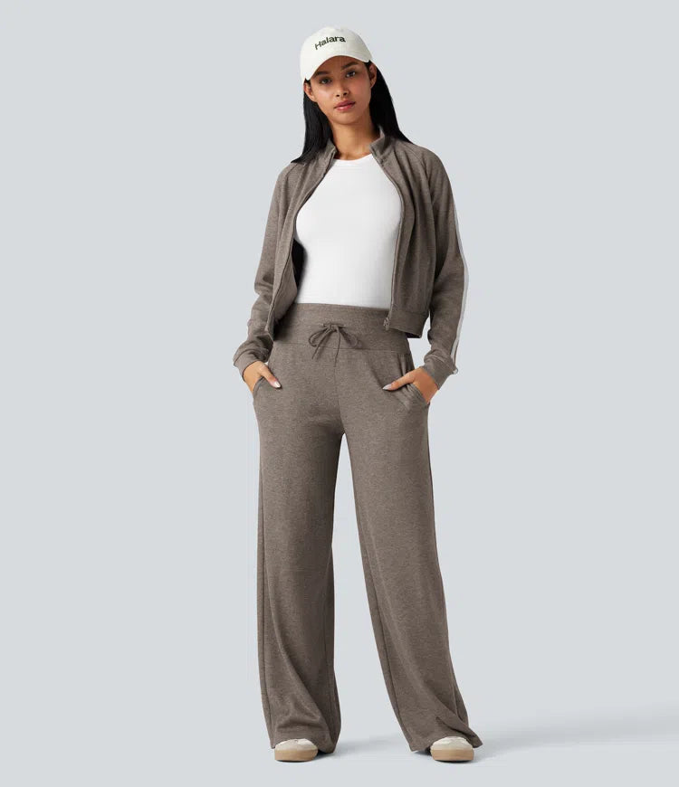 Ribbed Knit High Waisted Tummy Control Drawstring Casual Wide Leg Baggy Pants with Pockets